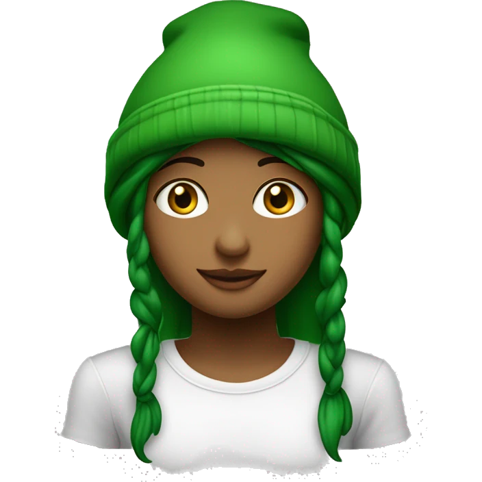 Uma criança loira de roupa verde usando um gorro verde com olhos vermelhos  emoji