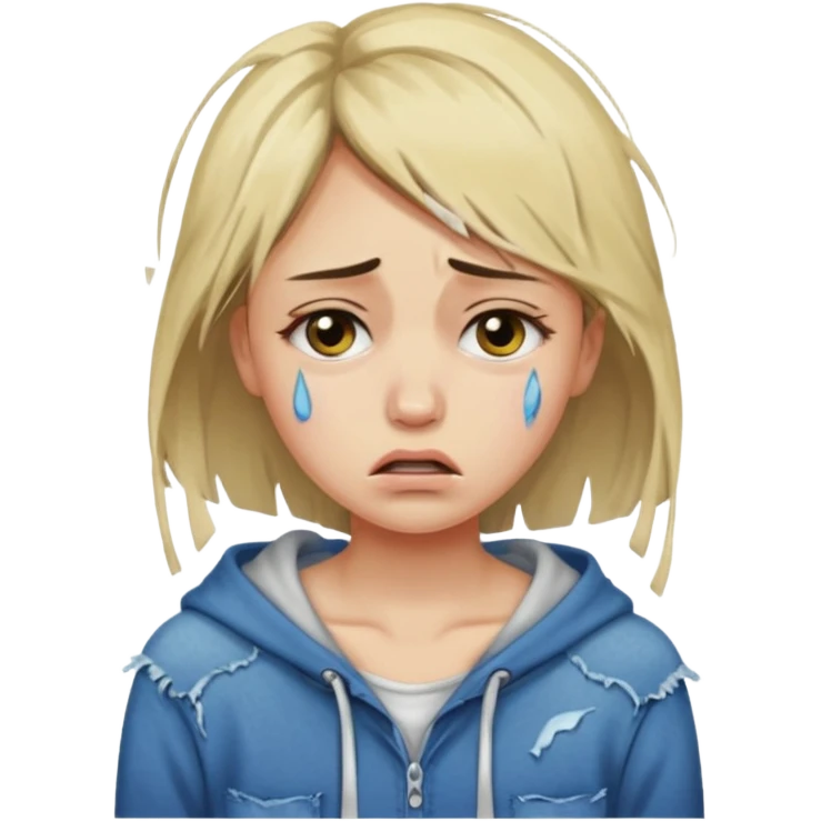 Mulher jovem chorando muito com as roupas rasgadas emoji