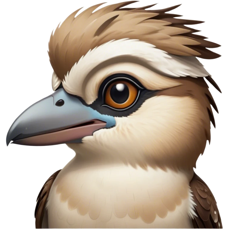 Cinematic Noble Kookaburra Portrait Emoji, Poised and regal, with a stout, robust build and a striking plumage of earthy browns and creams, a strong beak and deep-set soulful eyes, Simplified yet sharp and sophisticated features, highly detailed, glowing with a soft, dignified glow, high shine, intelligent and exuberant, stylized with an air of native woodland majesty, focused and attentive, soft glowing outline, capturing the essence of a watchful and confident bird, so majestic it feels as though it could laugh out of the screen with effortless authority! emoji