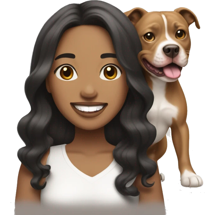 light skin woman with long wavy black hair expressing joy alongide a white and brown pitbull emoji