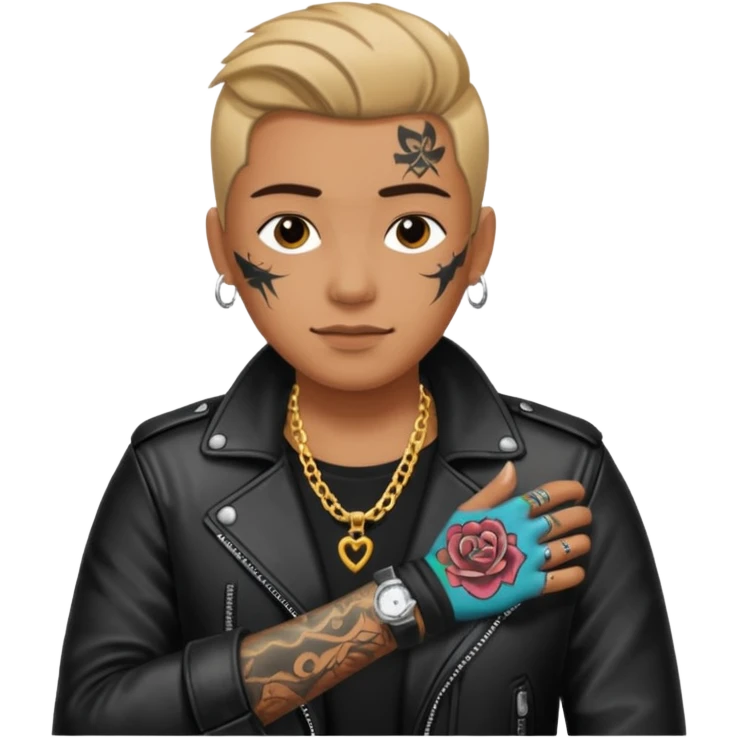 a rockstar wearing necklace, leather jacket, having tattoo emoji