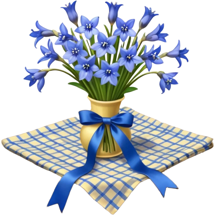 A lush bouquet of bright blue color bluebell black satin ribbon, resting on an antique wooden table, with a pale yellow and pink plaid pattern table cloth emoji