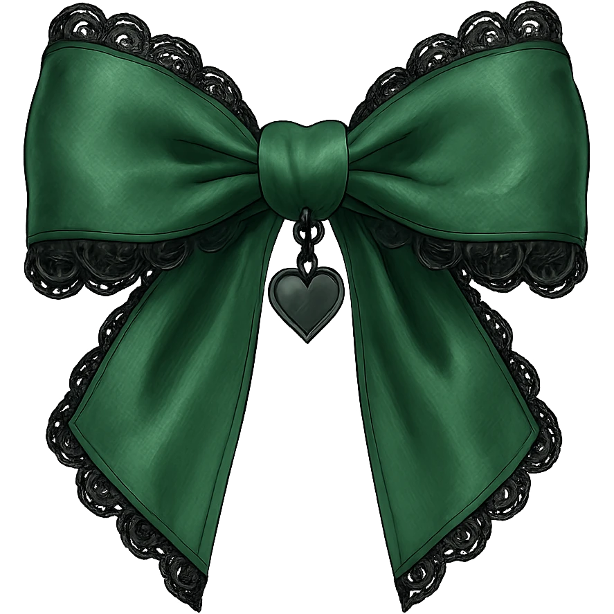 green gothic bow with black lace trim and heart charm, remove background emoji