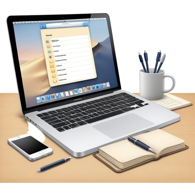 MacBook with booking app open beside vintage paper notebook and pen emoji