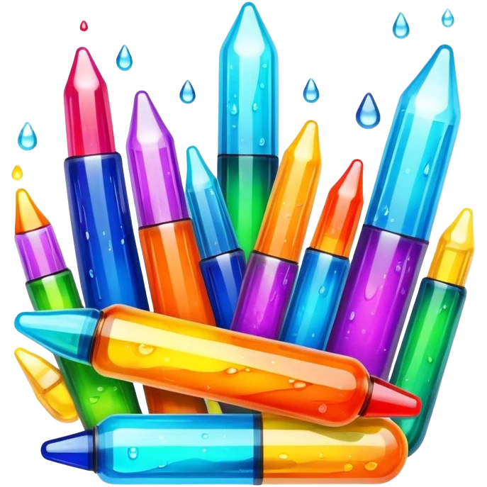 Create an icon that represents decorative arts using epoxy resin in tubes. The design should feature colorful tubes of resin, including fluorescent resin tubes, with visible drops or strokes of resin being applied to create intricate designs. Include examples of finished resin jewelry or decorative pieces, such as pendants, rings, or abstract art. The composition should feel vibrant and artistic, highlighting the creative and glowing nature of resin crafting. The background should be transparent. emoji