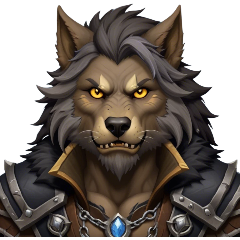 Cinematic Realistic WoW Worgen Portrait, depicted as a fearsome blend of man and beast, with rugged, dark fur intermingling with tanned, weathered skin. His piercing amber eyes and fierce expression are framed by disheveled hair and subtly detailed, worn leather attire in dark, consistent hues. Rendered with lifelike texture and dramatic, natural lighting, high shine, noble and formidable, capturing the primal nobility of a legendary worgen warrior. emoji