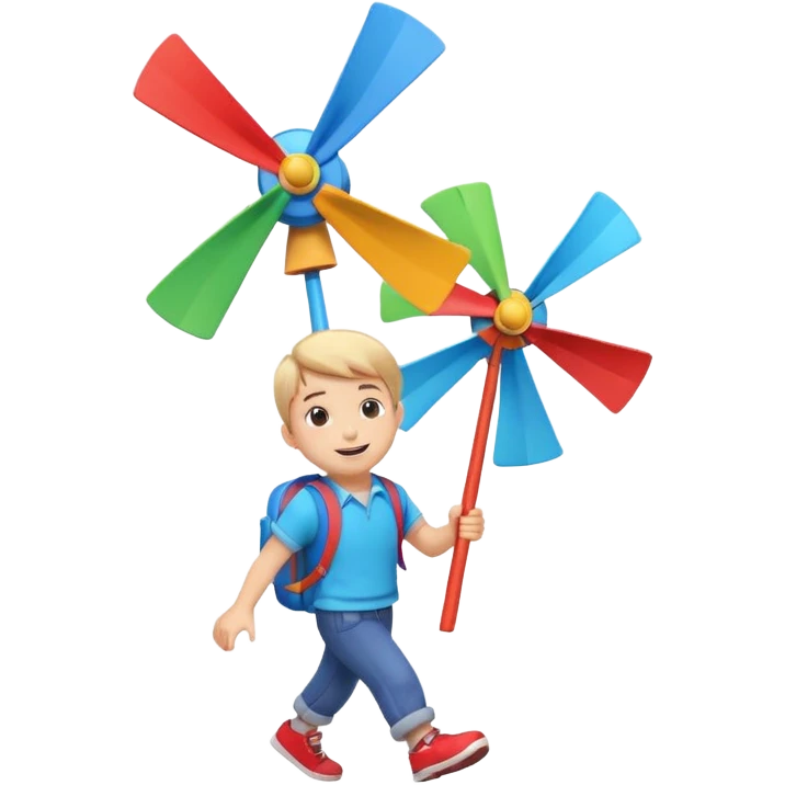 cute boy carrying a toy windmill backpack, colorful windmill spinning on the back, happy expression, casual outfit, 3D cartoon, mobile game icon style, clean background, no text, no watermark
 emoji