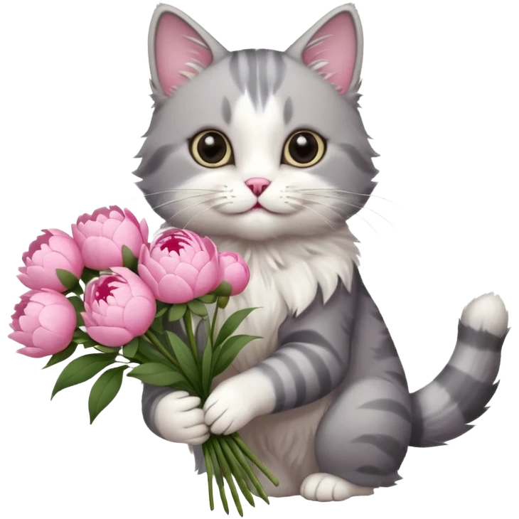 Cute cat Handing pink peonies like reaching a hand and handing them out a bouquet of them not a physical hand the cats hand  make the cat fluffy and grey and white fluffier emoji