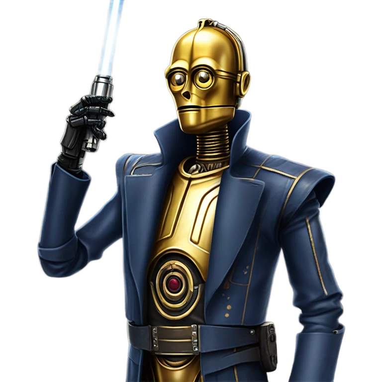 tough well-equipped jedi first order life-sized darkblue-pearl C3po as a friendly bounty hunter droid wearing a leather clothing old west duster coat holding light saber emoji
