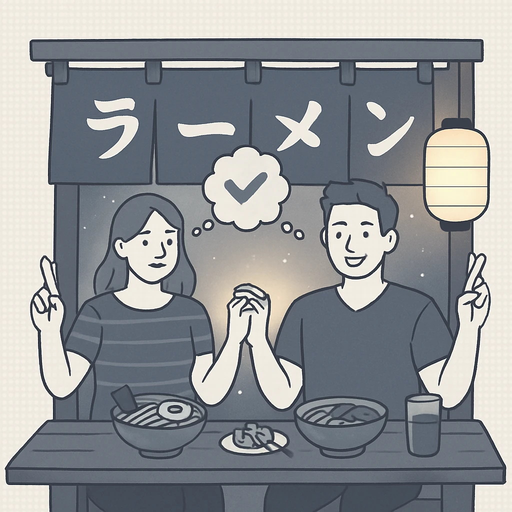 Evening scene of two people dining at a Japanese street food stall with noren curtains, soft minimal lighting, and simplified food elements emoji