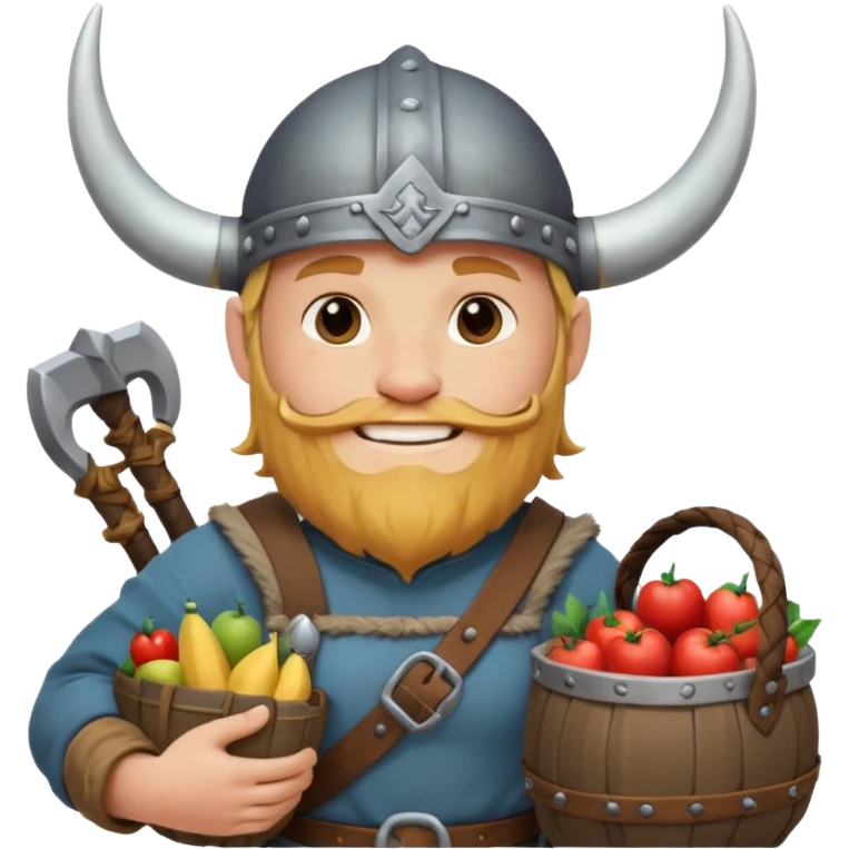 A jovial Viking with round belly, horned helmet, and hearty smile while carrying supplies.
 emoji