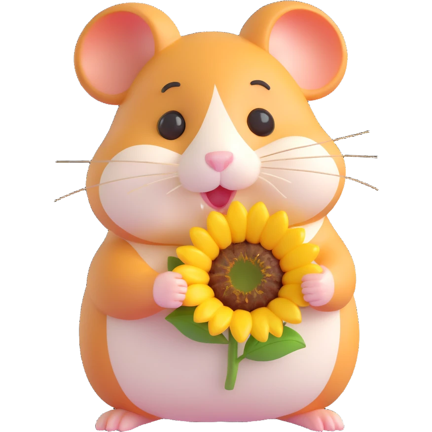 3D emoji style hamster, holding a sunflower seed, chubby cheeks emoji