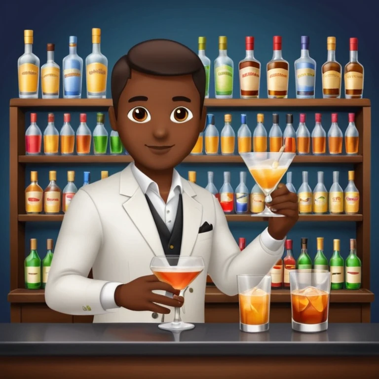 bartender mixing drinks, club backgroudn with bottles emoji