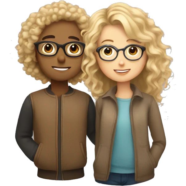 girl with blond hair and glasses that is every pretty kissing a boy with brown hair that is curly and is very cute emoji