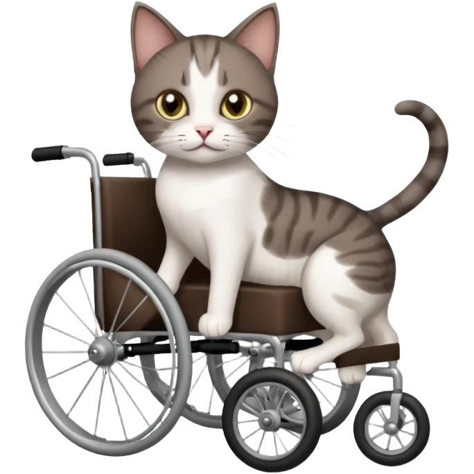 full body small short hair dark brown and white cat with hazel eyes walking in a wheelchair for cats emoji