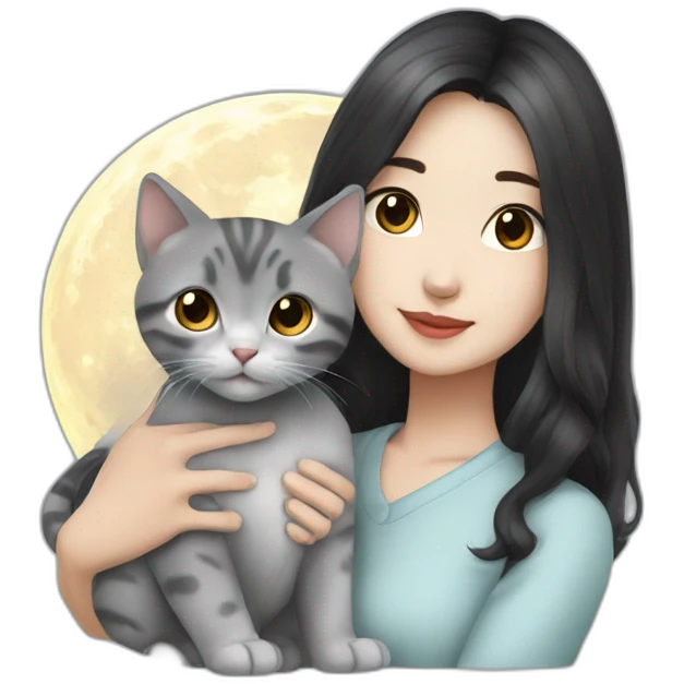 Asian couple dark hair with british grey kitten moon emoji