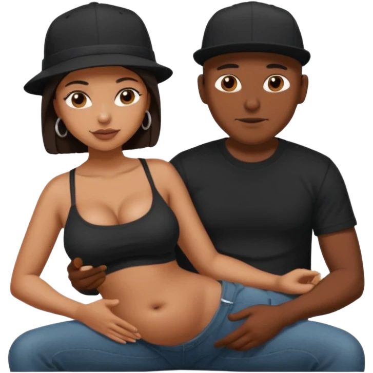 A picture of a tanned couple. the man is a Mexican man with tanned skin, with a bald hair cut wearing a SnapBack hat and a black shirt. the woman grinding on his lap has thick dark brown hair and with big naked boobs emoji