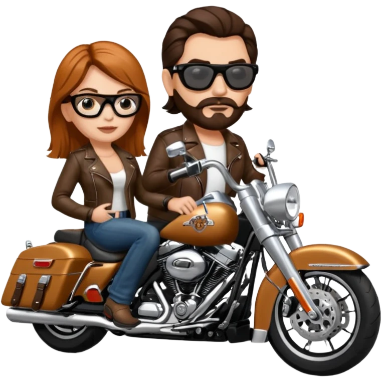 Un couple de biker sur une harley road king noire, l'homme a une paire de lunettes demetz ros21, la fille a des cheveux plus dans les tons chatain emoji
