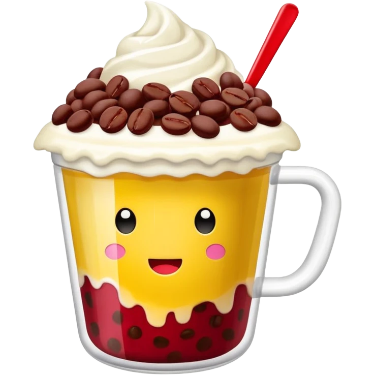 shaved ice in a see-through MEGA COFFEE cup, topped with red beans and milk drizzle, ‘MEGA’ in bold yellow on the cup, minimal LINE emoji style, no face emoji