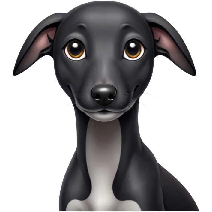Cinematic Cute Black Greyhound Portrait Emoji, Head tilted playfully and inquisitively, featuring a smooth, shiny jet-black Fur and round, sparkling dark eyes filled with curiosity, Simplified yet irresistibly adorable features, highly detailed, glowing with a warm, friendly glow, high shine, affectionate and agile, stylized with a touch of whimsy, bright and endearing, soft glowing outline, capturing the essence of a mischievous yet loving racer, so playful it feels like it could dash out of the screen and into your arms! emoji