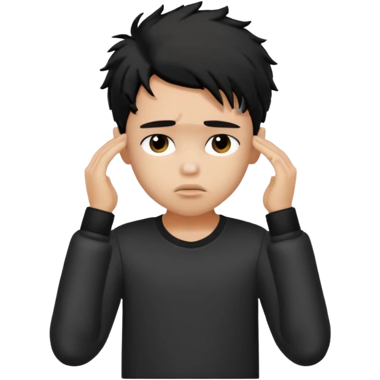 a PRETTY BRATZ boy with black messy hair, one hand on head. looking sad emoji