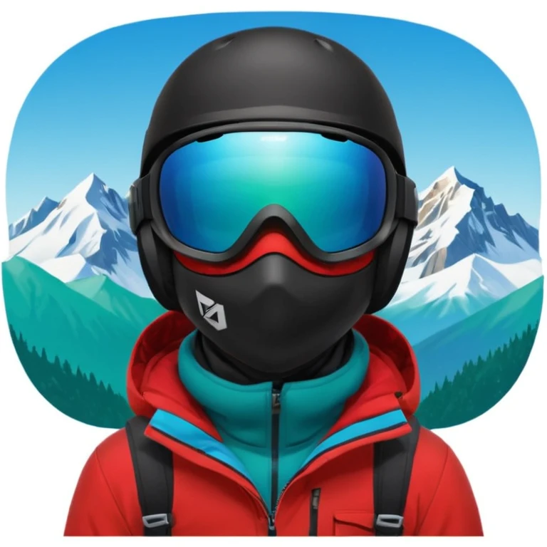портрет головы сноубордиста в черном шлеме, зеркальной маске, в отражении маски снежные горы, черной балаклаве закрытым лицом, красной куртке, насыщенным сине-голубым однотонным фоном. emoji