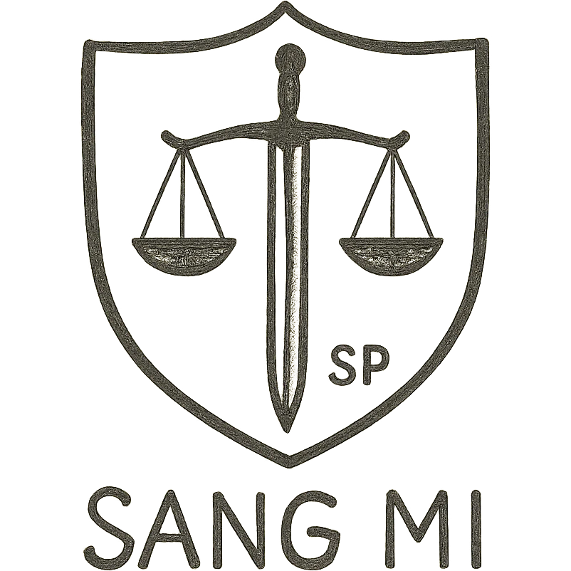 A minimalist emblem for a covert investigative unit named SANG MI. The design should feature a shield with a subtle sword and scales of justice, using a secretive aesthetic with muted colors and a discreet 'SP' insignia. The style should be clean and modern, emphasizing the covert nature of the unit. emoji