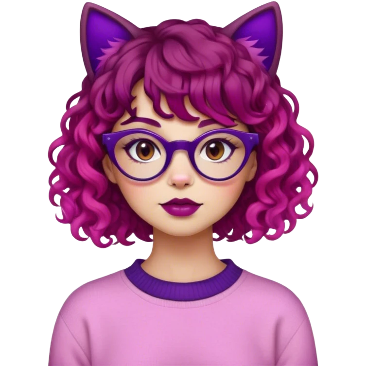 Woman wearing makeup with red and dark purple split dye curly hair and straight bangs wearing cat eye glasses and a pink sweater emoji