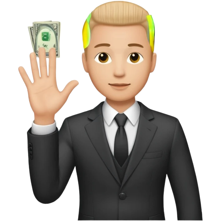 The businessman extends his hand to the side and give money emoji