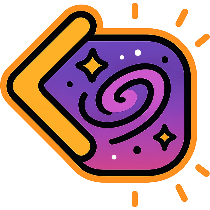 símbolo de anterior con galaxia en tonos púrpura y rosa, borde de neón naranja, efecto animado de galaxia y resplandor emoji