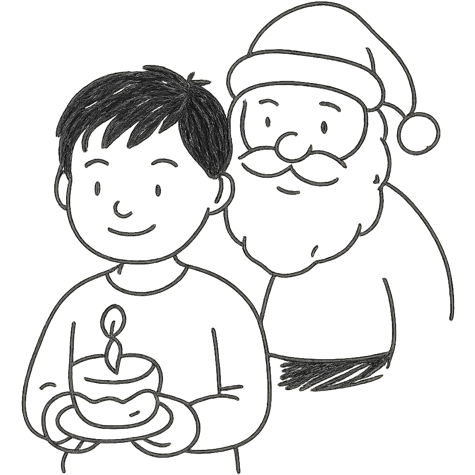 An Asian boy holding a small cake with a candle, Santa Claus in the background emoji