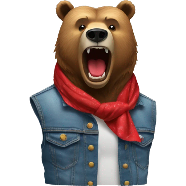 grizzly bear wearing sleeveless jean jacket and red bandana with open mouth emoji