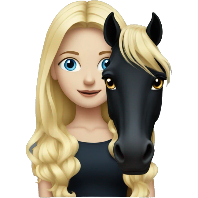 blonde girl with blue eyes and her black horse emoji