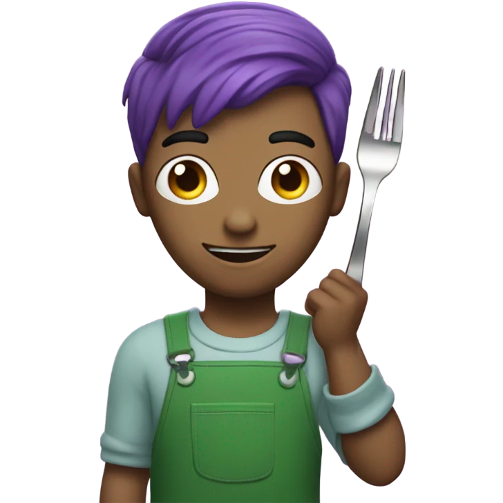 A man with purple hair and he is wearing a green jumpsuit with the number 230 on his jumpsuit. He also is holding up a fork emoji