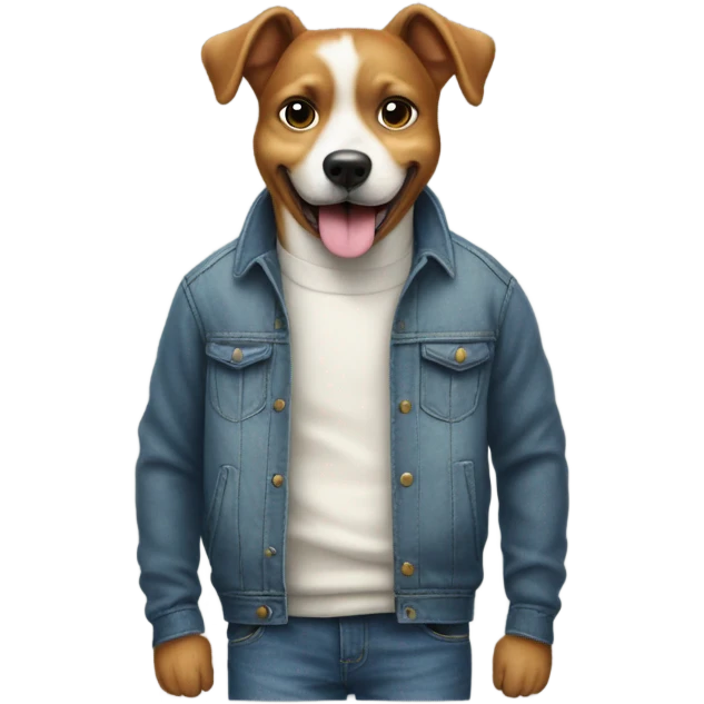 dog wearing jumper and jeans with hands in pockets standing while grinning like a human emoji