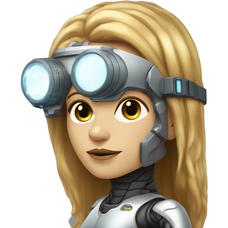 female cyborg head, fair skin, Brown long hair with blonde steaks, space age goggles and circuits emoji