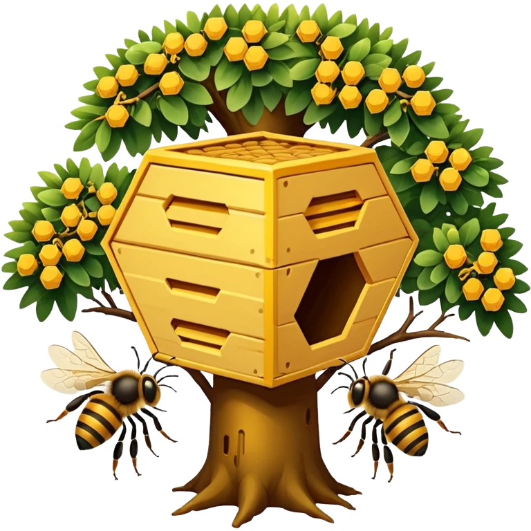 A small hive nestled between tree branches with worker bees. emoji