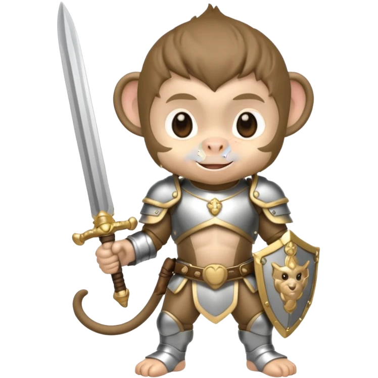 baby chibi monkey in silver armor, full body, smile, hold sword emoji