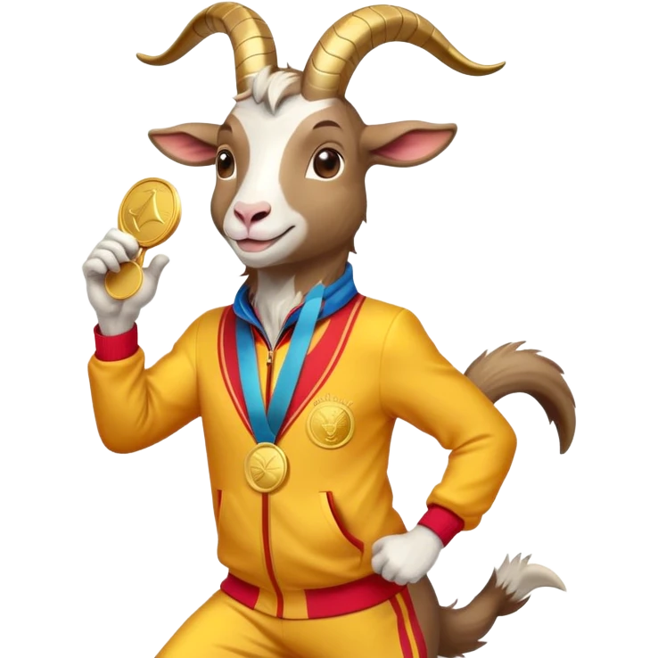 friendly anthropomorphised goat jogging upright in a colourful suit, holding up a medal, relaxed pose emoji