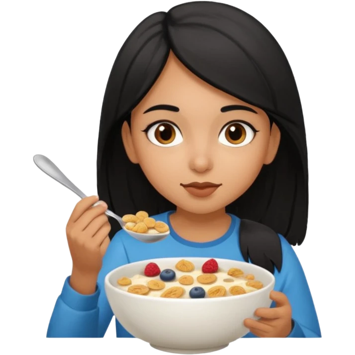 Brown girl eating cereal emoji. Straight hair. Brown eyes. Pakistani emoji