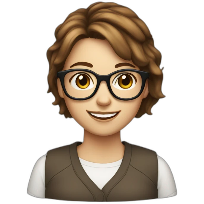 White girl with short brown hair and glasses smilling emoji
