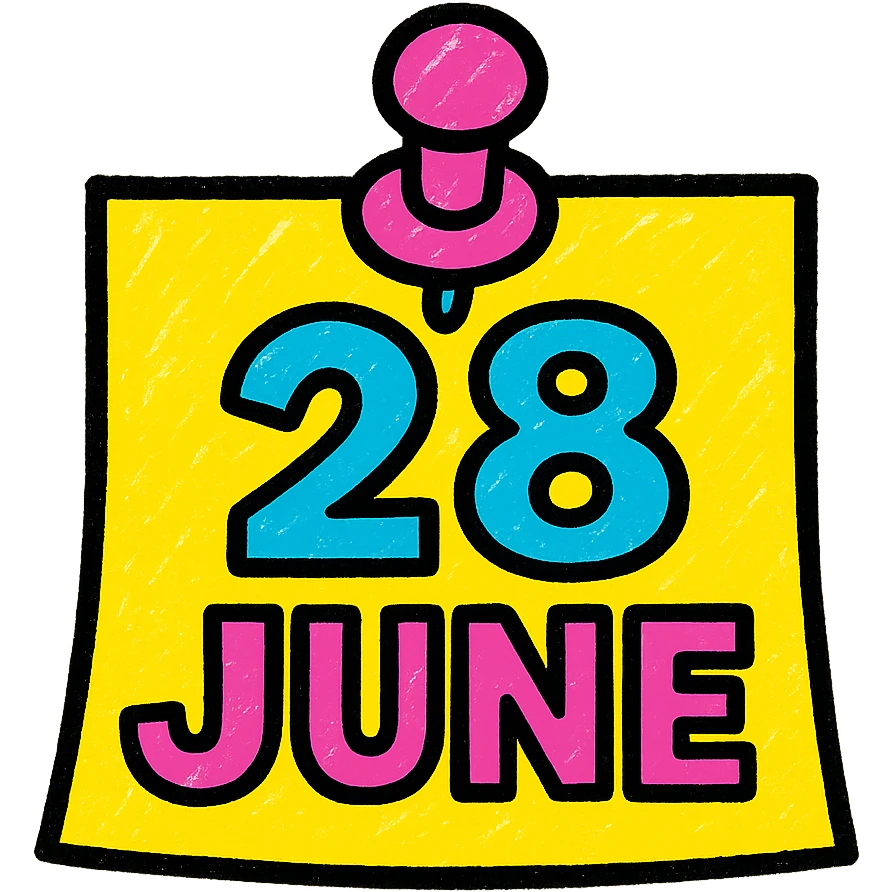 a pinned note with the text '28 June', bold and colorful, playful look emoji