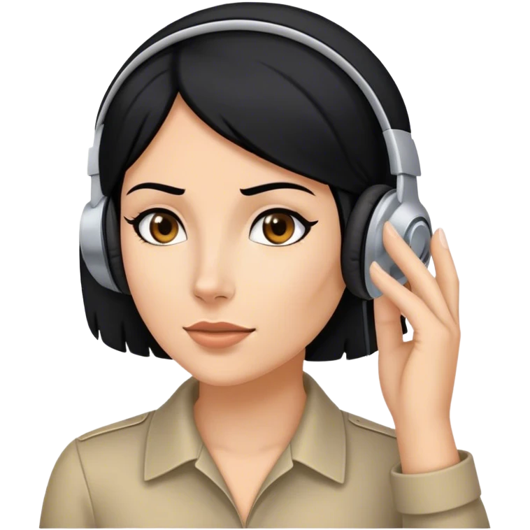 white Woman  with black hair with headset and her hand in her left ear like trying ti hear better like a spy  emoji