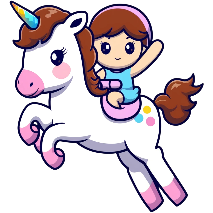 short girl with long brown hair riding a unicorn emoji