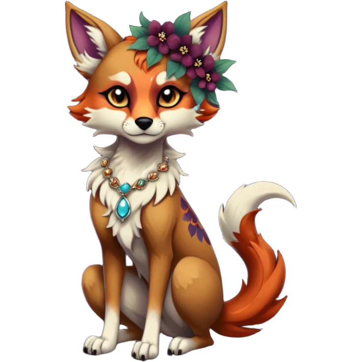 Multicolored gloomy dark edgy gothic spooky warm badass realistic floral exotic Falvie-Fionbri-fursona, full body, wearing jewelries emoji