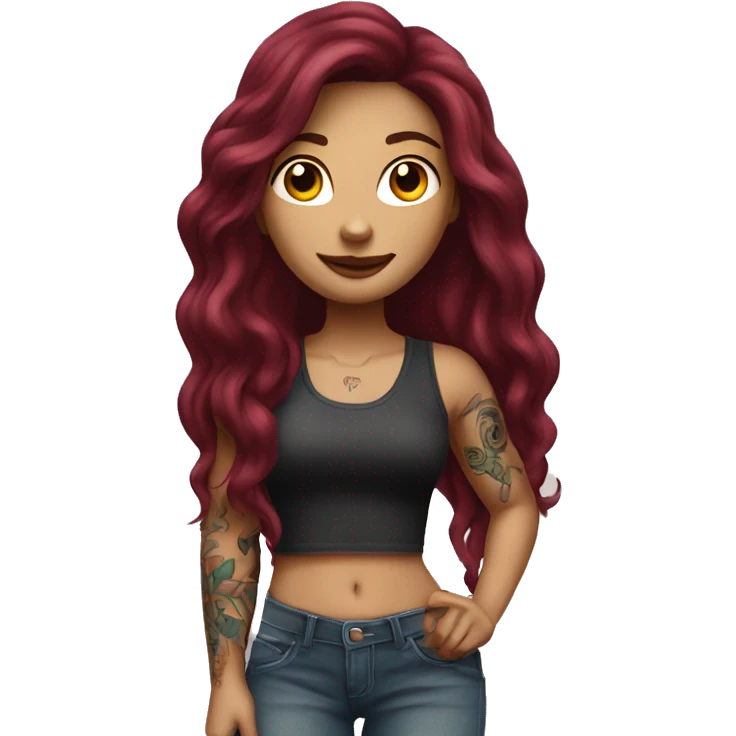 Beautiful tattooed burgundy long haired woman standing next to a car emoji