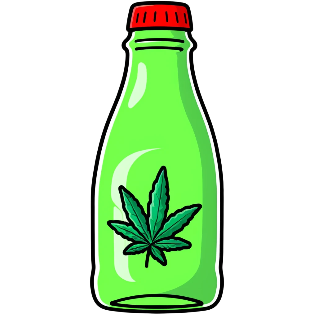 Classic Coca-Cola shaped glass bottle with curved contours, red color, with a cannabis leaf emoji
