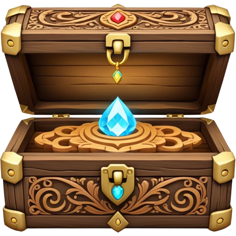 magical wooden box with intricate carvings, glowing softly, holding necklaces inside emoji