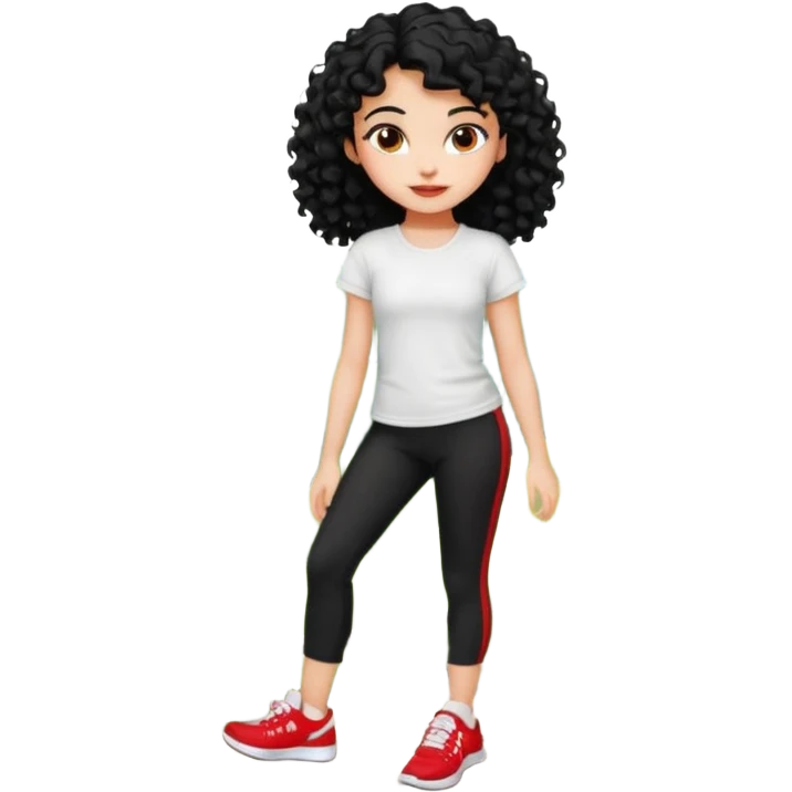 generate a pretty bratz fair skinned girl with curly black hair wearing a white tshirt trekking on a hill with red sneakers on and black leggings. Show HILLS emoji