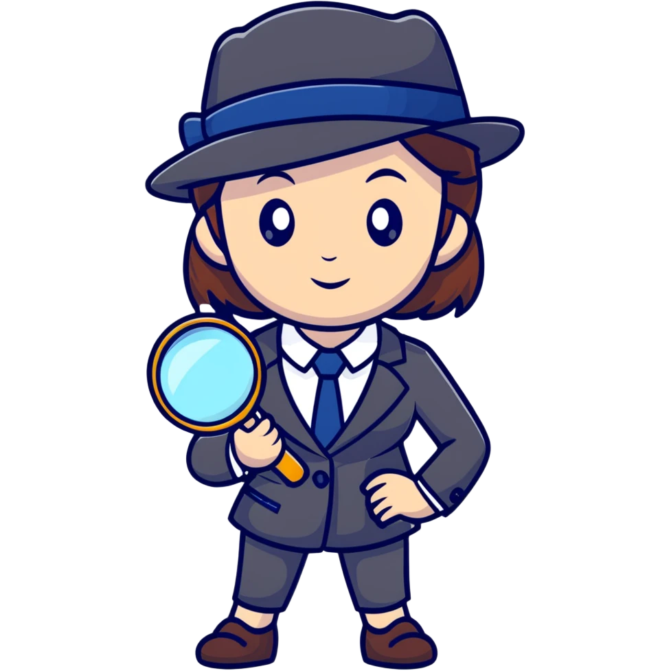 girl in a business suit, wearing a detective hat, holding a magnifying glass, in an investigating pose emoji